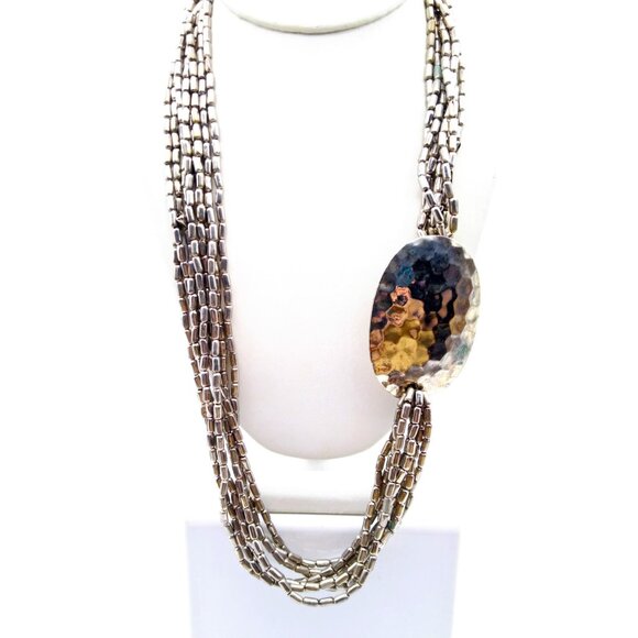 Unique Vintage Silver Chain Necklace, Chunky Multi Strand with Offset Hammered - Picture 2 of 4